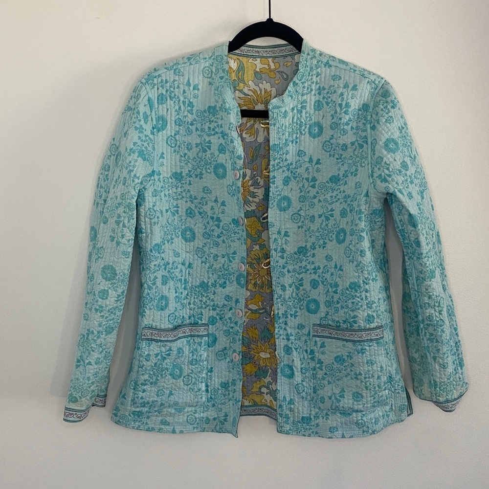Floral Quilted Jacket Reversible Yellow Blue Cotton Made in India Medium - Picture 7 of 9